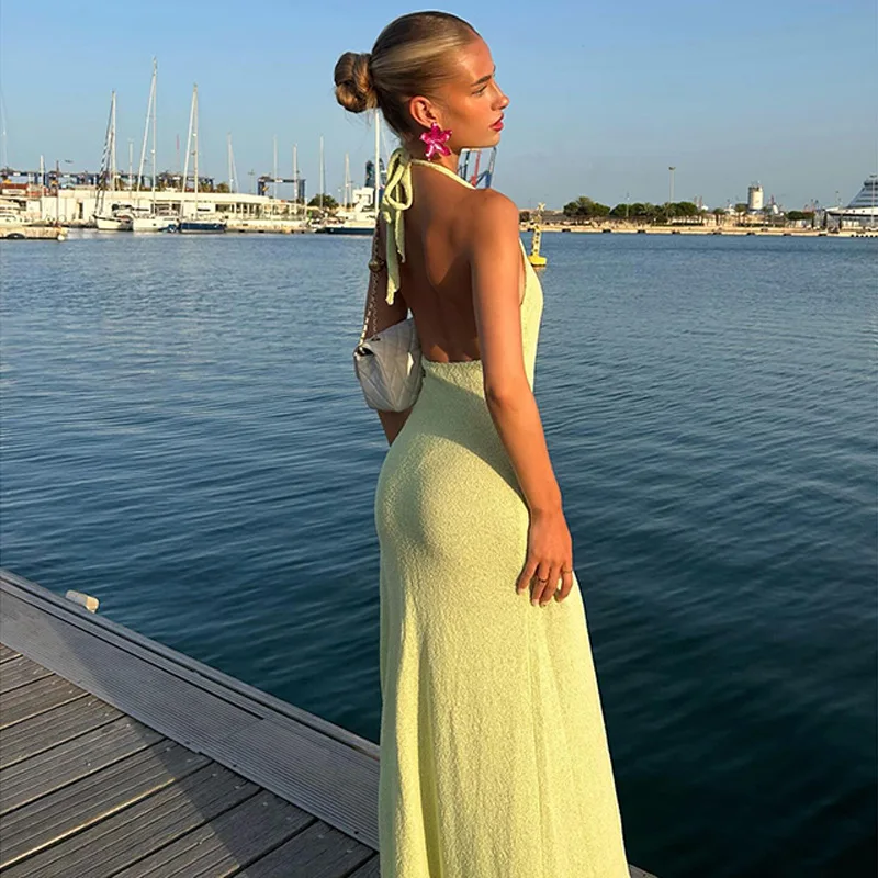 Robe longue en tricot à fleurs pour femmes, col en v, Sexy, Slim, dos nu, taille haute, fendue, sans manches, mode, robe en tricot