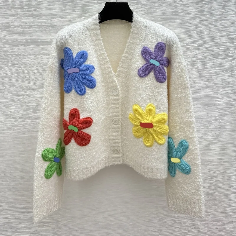 

High-quality three-dimensional knitted embroidered contrasting-color flower women's cardigan sweater 251028113