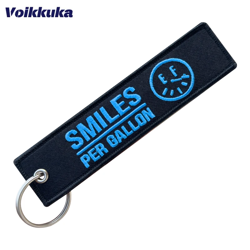 1Pc/2Pcs/3Pcs Set Sale Black Tag Smiles Per Gallon Both Sides Embroidery Keychain Motorcycle Key For Men Women