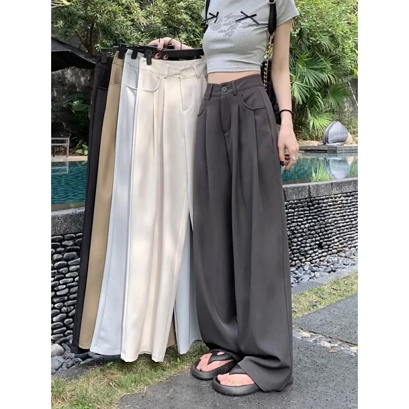 

Design Sense Pleat Suit Pants Gray Casual Pants Women Summer High Waist Drape Straight Pants