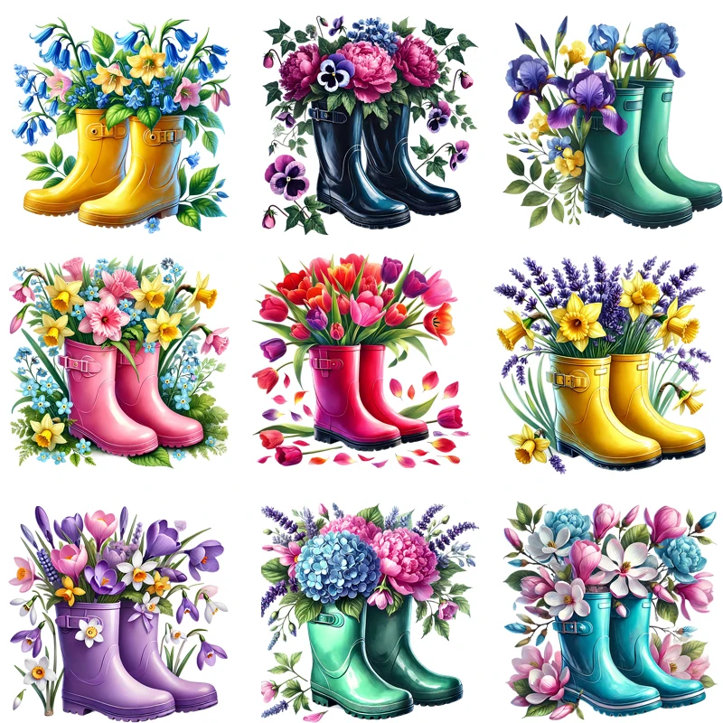 다리미 꽃 용수철 고무 부츠, 열 전달 패치, 다리미 의류 스티커, 맞춤 패치, DTF 비닐, 열 세탁 가능 티셔츠