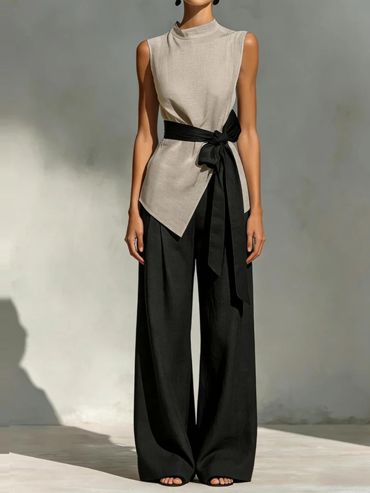 

Сексуальные летние комплекты свободного кроя: элегантный топ без рукавов с круглым вырезом и длинные брюки, модные женские костюмы из 2 предметов с завязками на талии, однотонные