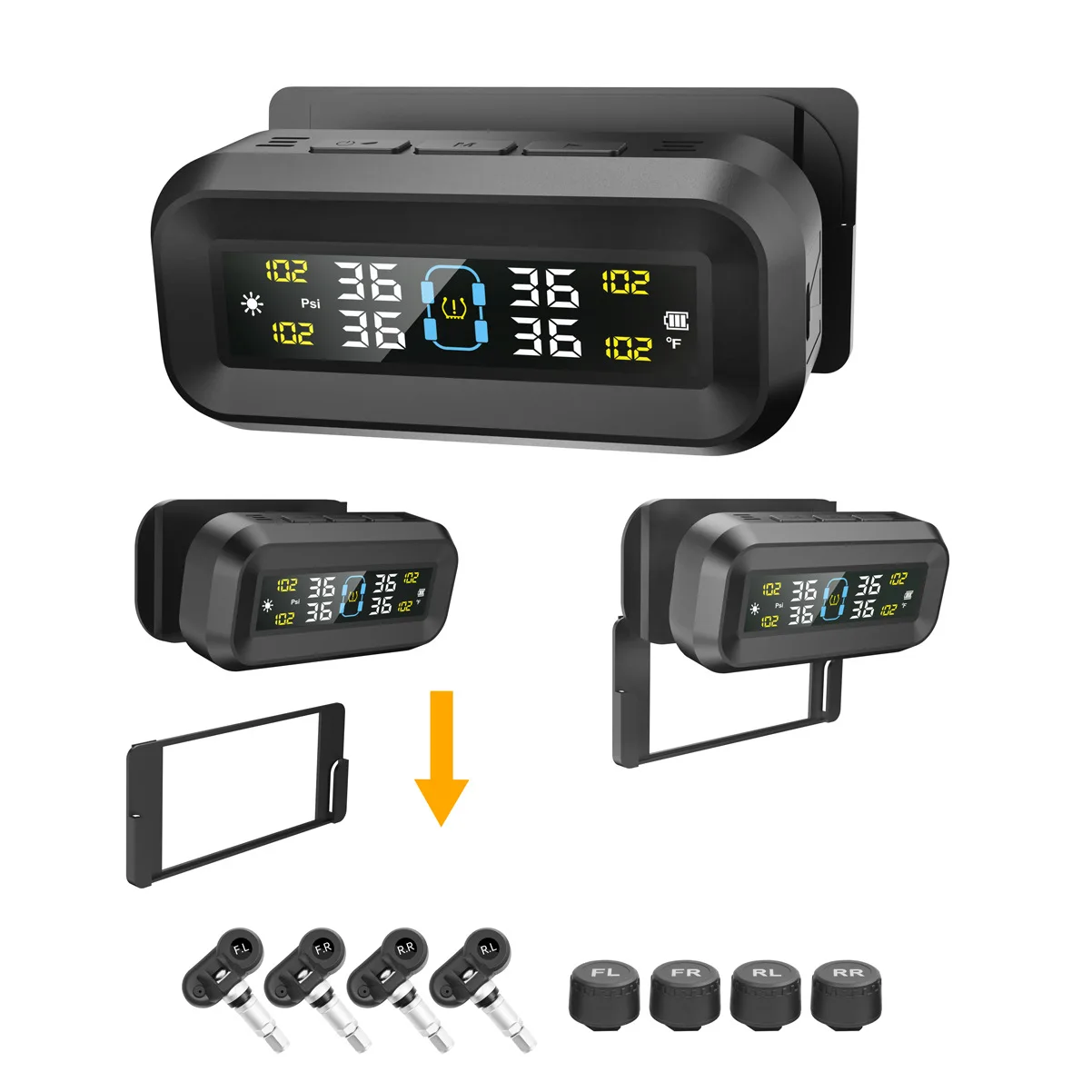 Solar TPMS Tire Pressure Monitoring System T14 Glass Mount Digital Display External Sensors Wireless Alarm for Car SUV Pickup