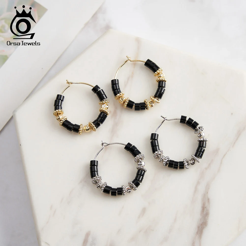 ORSA JEWELS Fashion 925 Sterling Silver Hoop Earrings Natural Stone Obsidian Large Circle Bead Earrings for Women Jewelry GME42