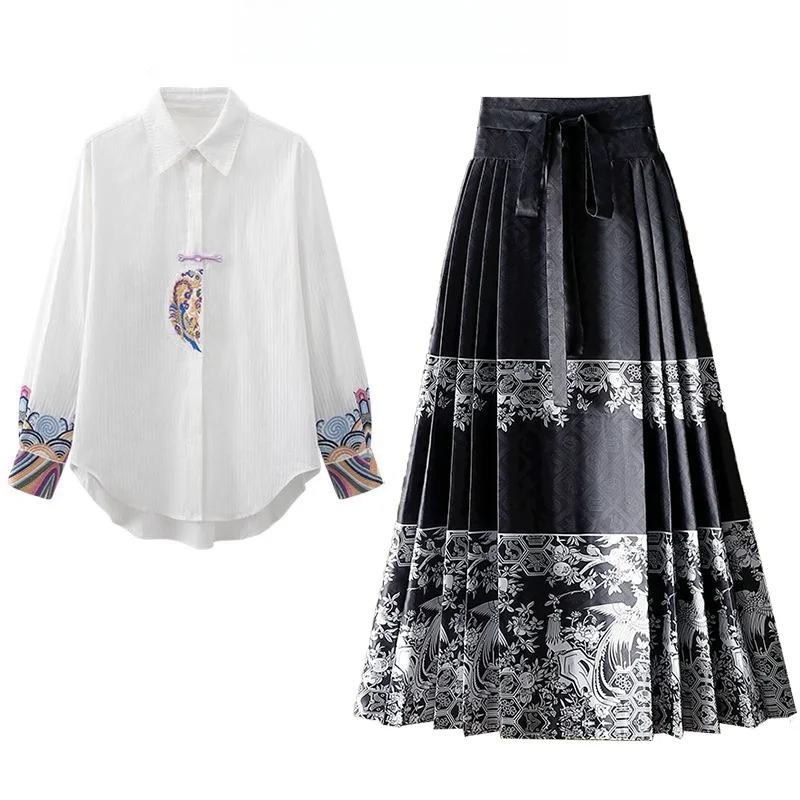 

New Chinese Style Renovated Tailed Skirt Set Women's Spring New Design Sense Shirt Hanfu Semi Skirt Two Piece Set