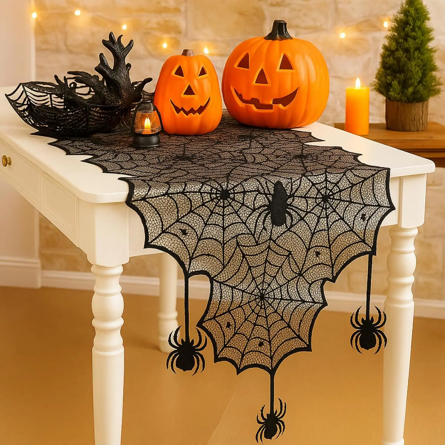 Halloween Table Runner Lace Spider Web Decor | Crawling Spider Accent, Fireplace Mantel Cover, Gothic Party Spooky Shelf Display