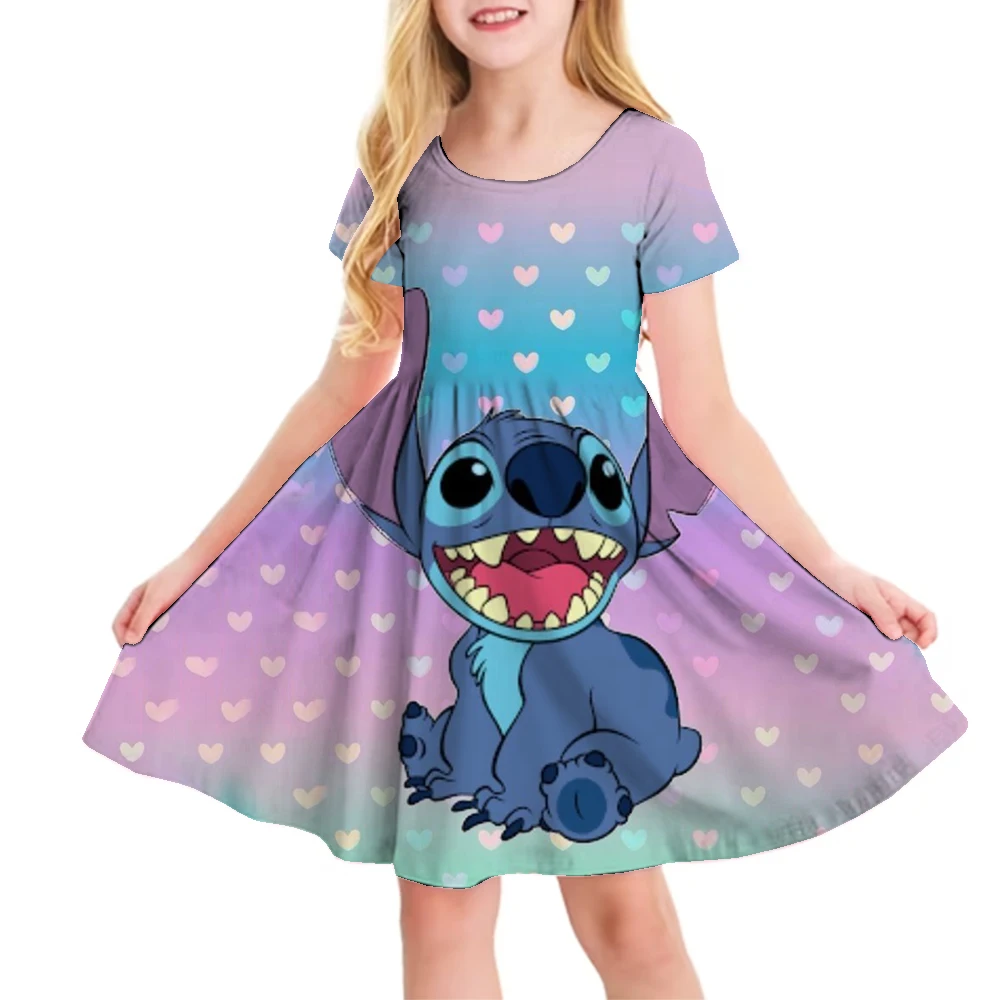 

2025 New Summer Kids Cartoon 3-8Years Dress Sleepwear Princess Girls Printing Nightgowns Children Party Dresses Pajamas Stitchs