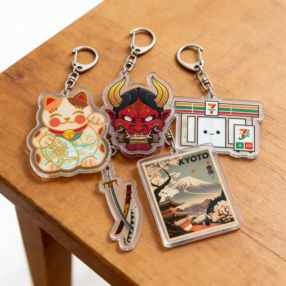 Japanese Tradition Culture Art Keychains for Women Accessories Bag Charm Katana Tokyo Keyrings Jewelry Friends Gifts