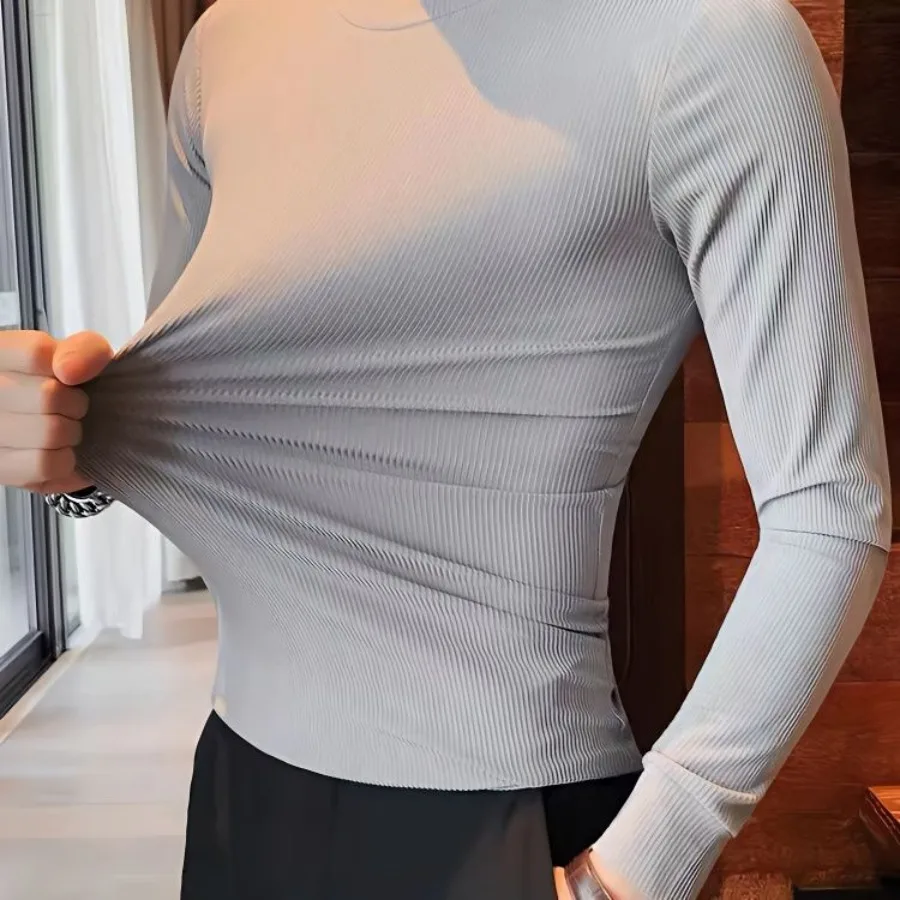 Men's Ice Silk T-shirt Long Sleeve Spring and Autumn Season Slim Fit Youth Solid Stripe Round Neck Korean Edition Simple T-shirt