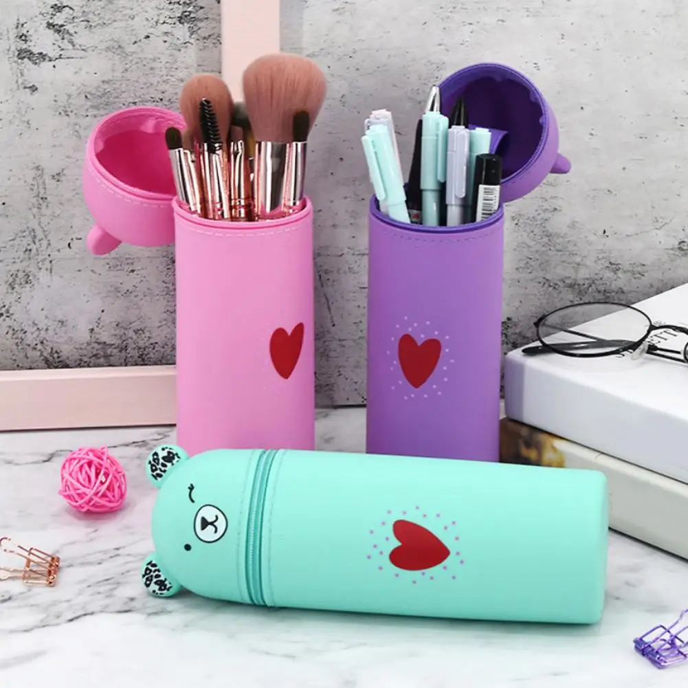 Storage Box Pouch Bear Shaped Silicone Pen Case with Zipper Closure Organizer for Gadgets Cat Design Storage