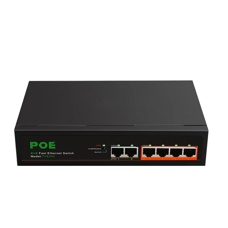 Switch Ethernet POE non gestito Uplink a 4 porte 10/100 Mbps PoE + 2 porte per telecamera IP Alimentazione interna Estendi fino a 250 M