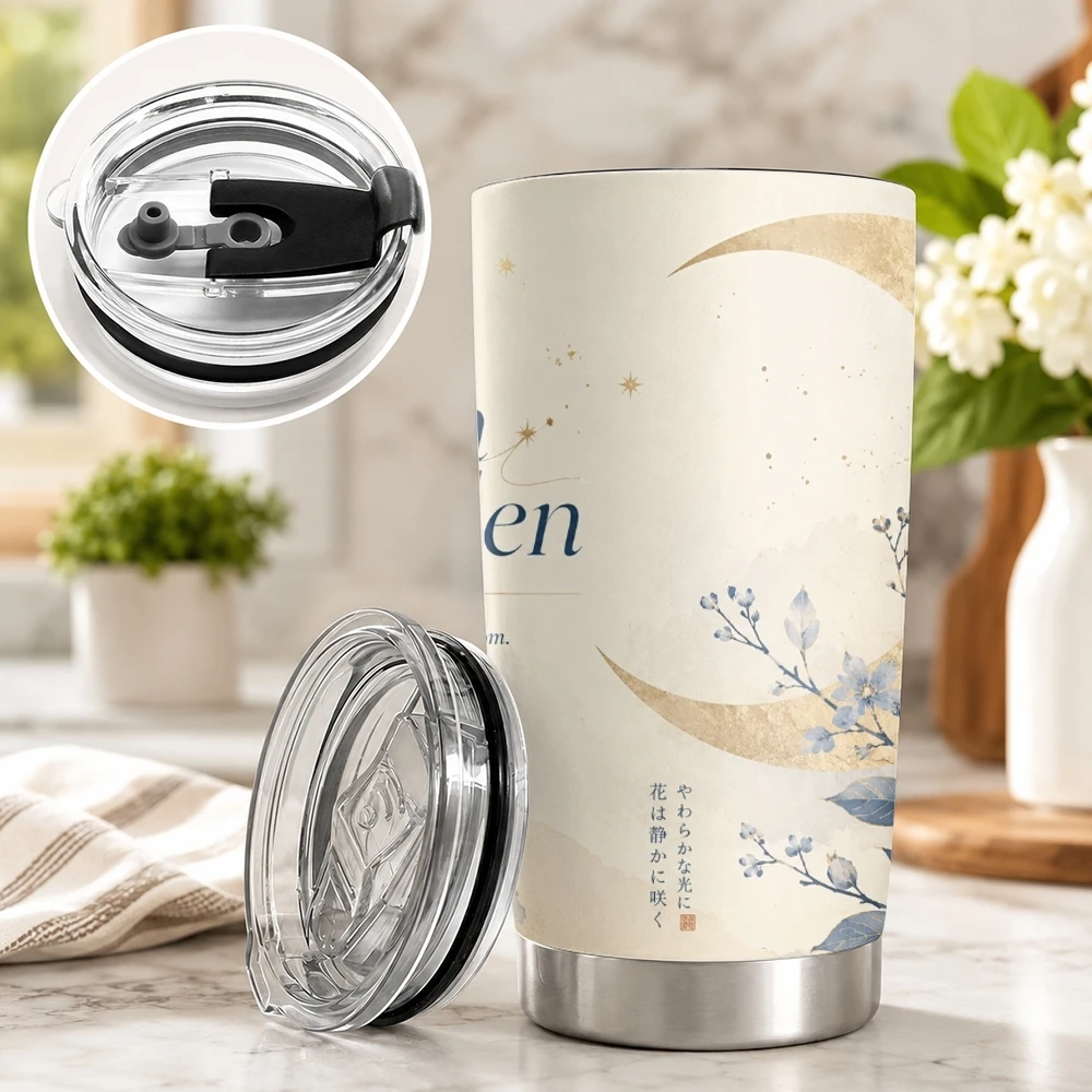 Midnight Moon Garden Vacuum Flasks 20oz Coffee Cup With 2 Lids And Reusable Straw, Double Wall Tumbler For Iced Or Hot Drinks