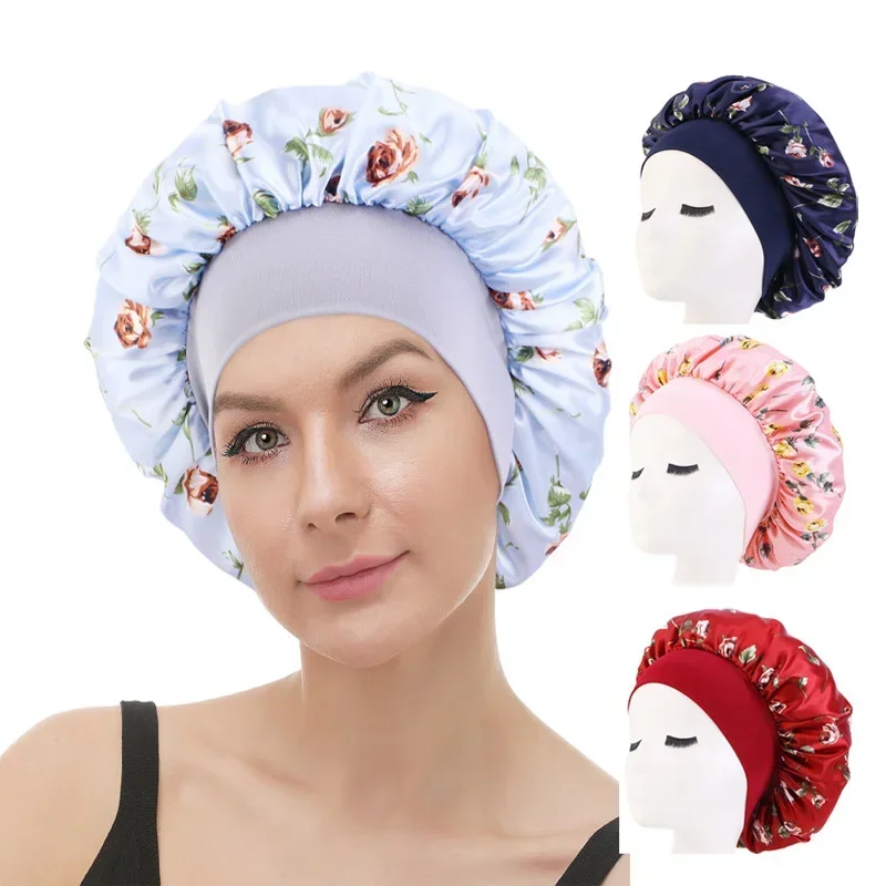 

European and American Popular Pastoral Printing Satin Round Cap Elastic Wide-brimmed Nightcap Hair Care Cap