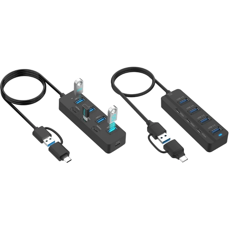 C4DB USB Hubs with LED 7 Port USB A and USB C Plugs for Hot Swap Expansion