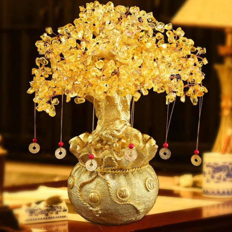 شجرة الحظ الصفراء Yuanbao-Feng Shui ، شجرة بونساي ، كريستال ليمون ، كوارتز ، زخارف ، حرف فنغ شوي ، 1 *