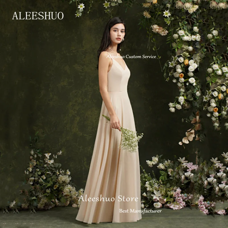 Aleeshuo-chiffon v-pescoço vestido de baile, sem encosto, cinta espaguete, ilusão laço, vestido de noite, até o chão