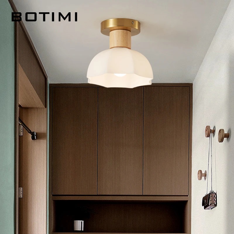 

BOTIMI Simple Ceiling Lights For Corridor Dressing Room Golden Metal Base Wooden Glass White Lampshade Luminaires