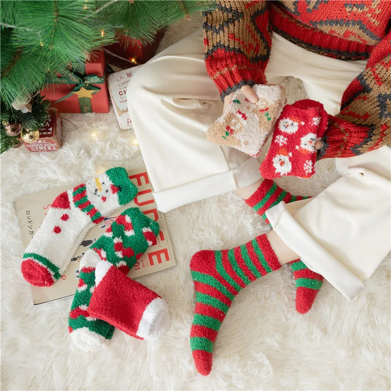 

7 Pairs Winter New Elk Coral Velvet Christmas Gift Mid Tube Women's Socks Floor Thickened Warm Christmas Slippers Women's Socks