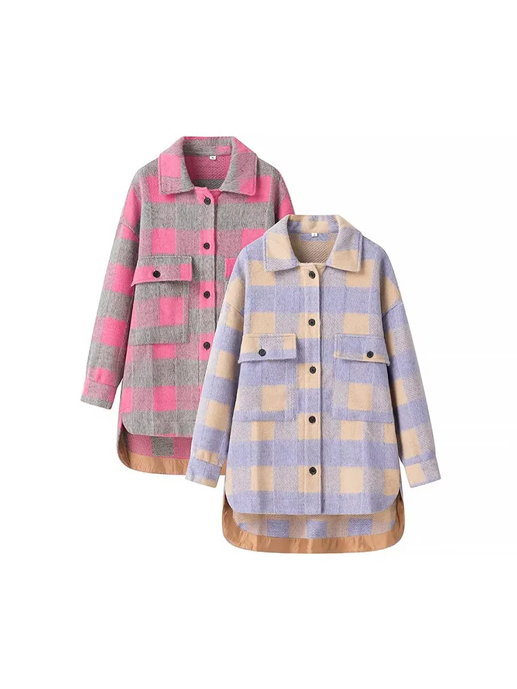 

European style new women's fashion versatile and elegant lapel collar pocket decorated plaid loose shirt jacket.