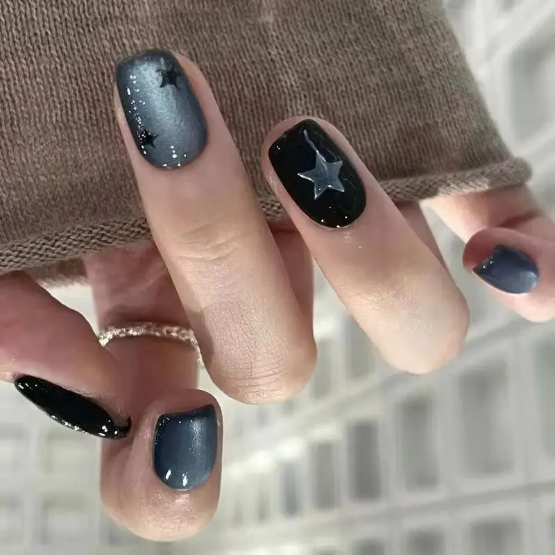 

24PCS Black Blue Cat Eye Short Square False Nails Sweet Cool Simple Stars Fake Nails for Women Girls Wearable Y2k Nails Press On