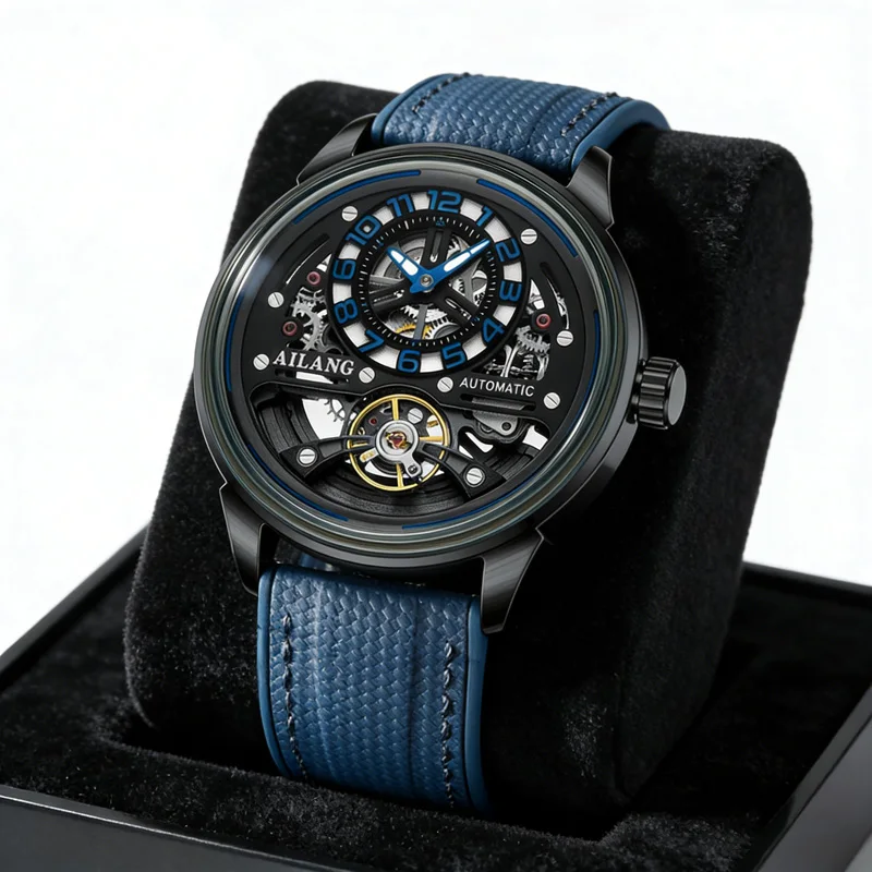 AILANG Skeleton Mechanical Tourbillon Watch Men Blue Rubber Strap Authentic Watch Waterproof Sports Fashion Style