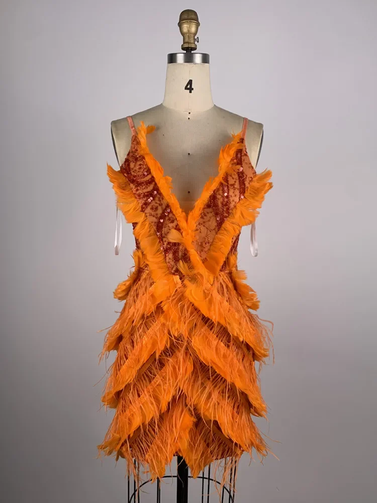 Women Sexy V Neck Sequins Feather Orange Mini Bodycon Dress 2024 Elegant Party Evening Party Dresses Stage Performance Costume