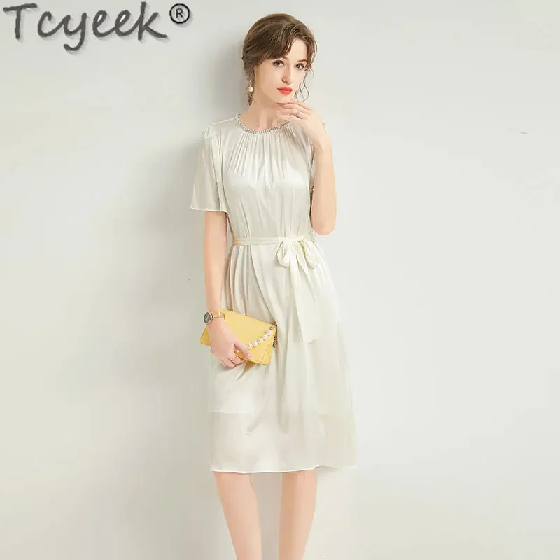 

Tcyeek 19MM 92.3% Mulberry Silk Dress Fashion Midi Dress Elegant Women's Dresses Summer Clothes Women 2024 Vestidos De Mujer