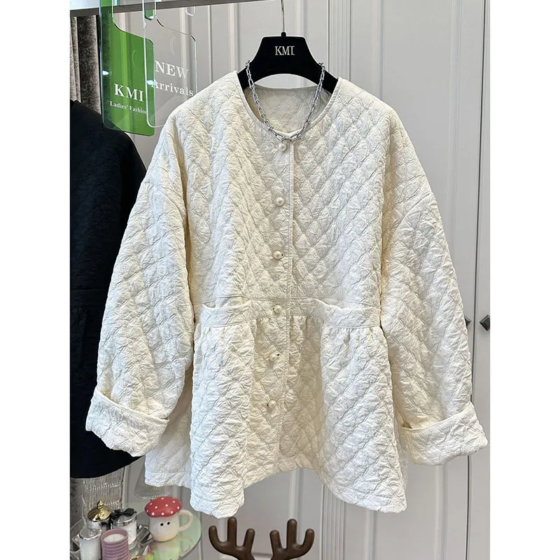 

Autumn Pearl Single Breasted Cardigan Women Literary Thick Cotton Coat Warm Long Sleeve Slim Waist O-neck Outwear