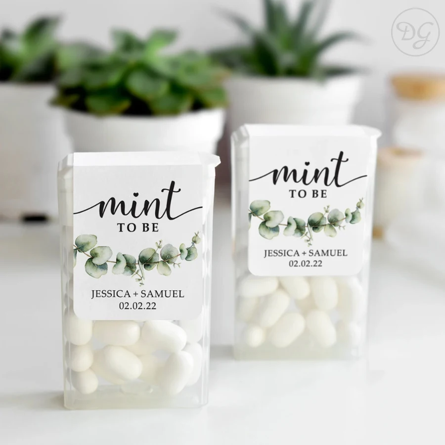 42/98pcs Personalized Wedding Labels Candy Stickers, Watercolor Eucalyptus Leaves Candy Stickers MINTS NOT INCLUDED!