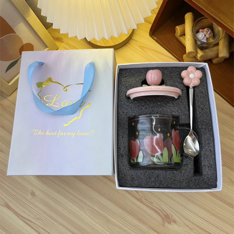 كوب زجاجي من Ins Sle مع غطاء وملعقة للنساء كوب الإفطار ذو قيمة جمالية عالية مقاومة للحرارة قرد مستدير مصنوع في الصين #5