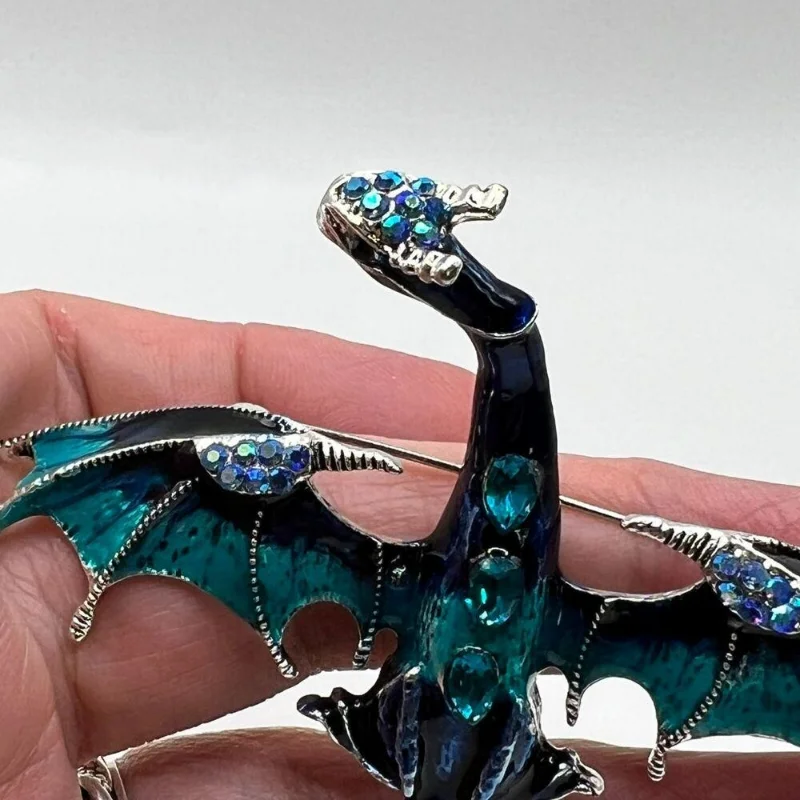 خمر نمط تصميم التنين بروش غرامة دبوس قلادة عالية الجودة الأزرق حجر الراين المينا الفضة زي حزب المرأة الملحقات #2