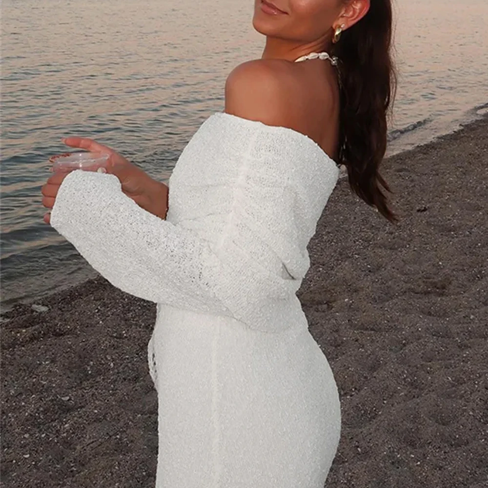 ชุดคลุมชายหาดแบบถักไหล่เดียวซีทรูชุดเดรสวันหยุดชายหาดของผู้หญิงครีมกันแดดสีทึบชุดเดรสสั้นเข้ารูป