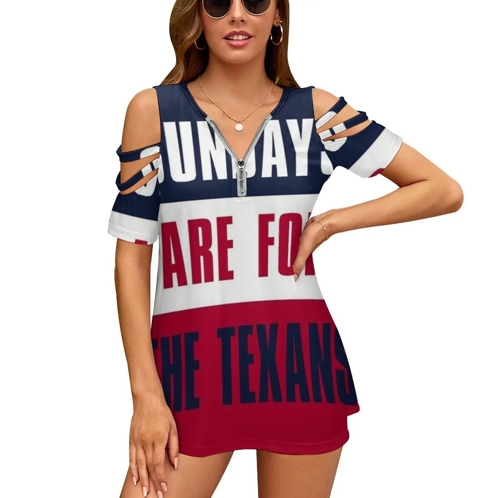 Sundays Are For The Texans , Women'S T-Shirt Summer Fashion Print Floral V-Neck Zipper Tshirt Hollow Pullover Ladies Top