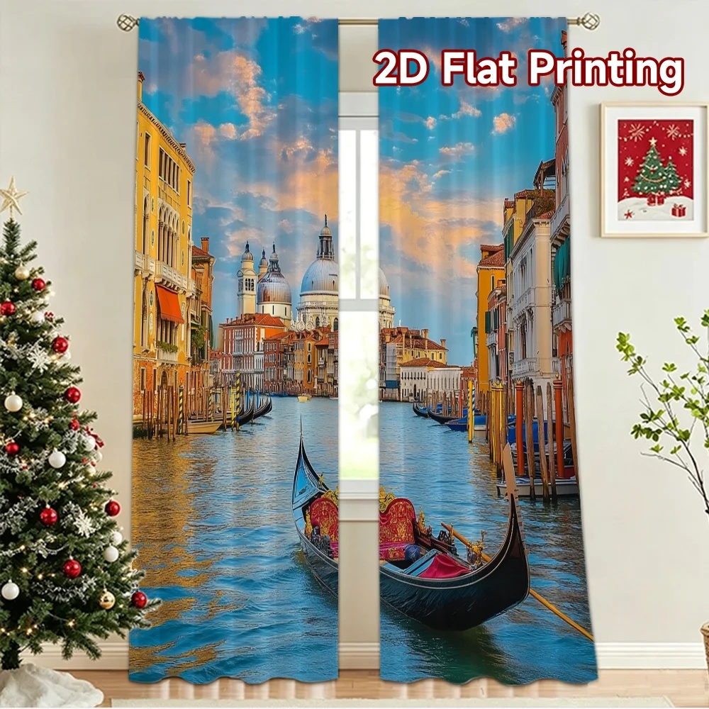 2D flat 2pcs Curtain Home Short Curtains Venice Canal Gondola View Digitally printed polyester Holiday Decorations Perfect for