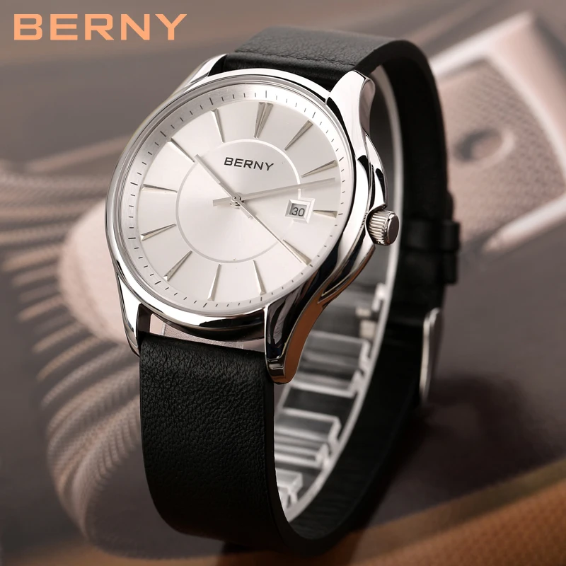 BERNY Men Watch Quartz Date Japan Miyota GM10 Wristwatch Business Sports Waterproof Male Clock Leather Simple Watches for Men