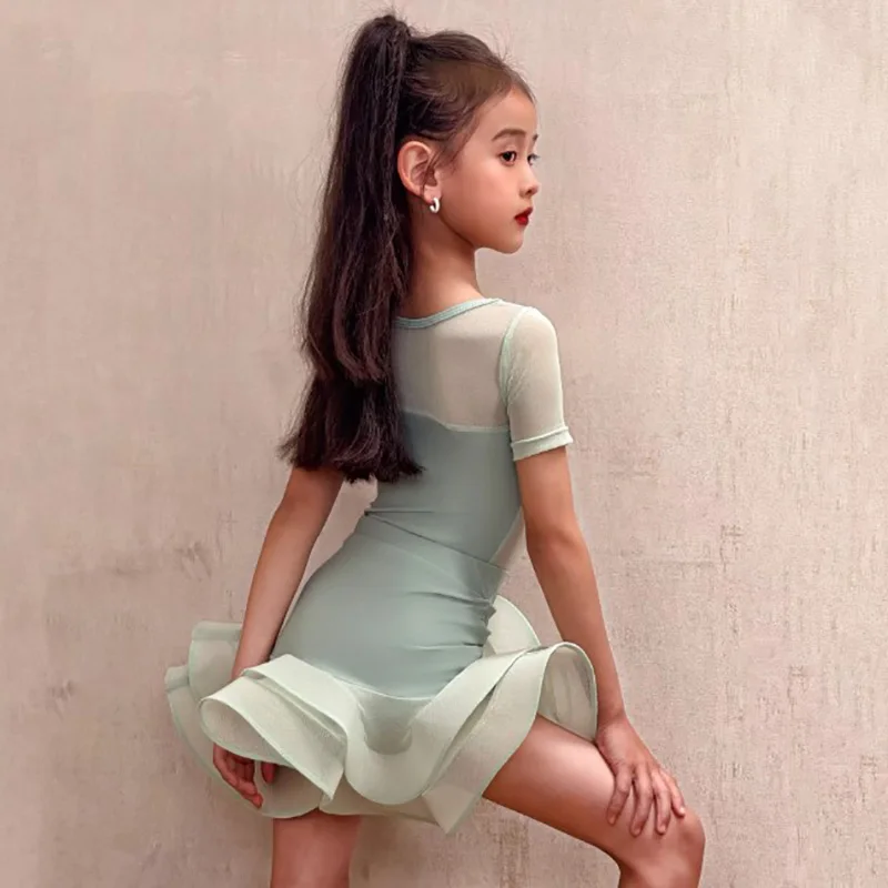 

Children Latin Dance Training Dress Kids Girls Folds Bodysuit and Double-layer Mesh Skirt Samba Ballroom Competition Dancewear