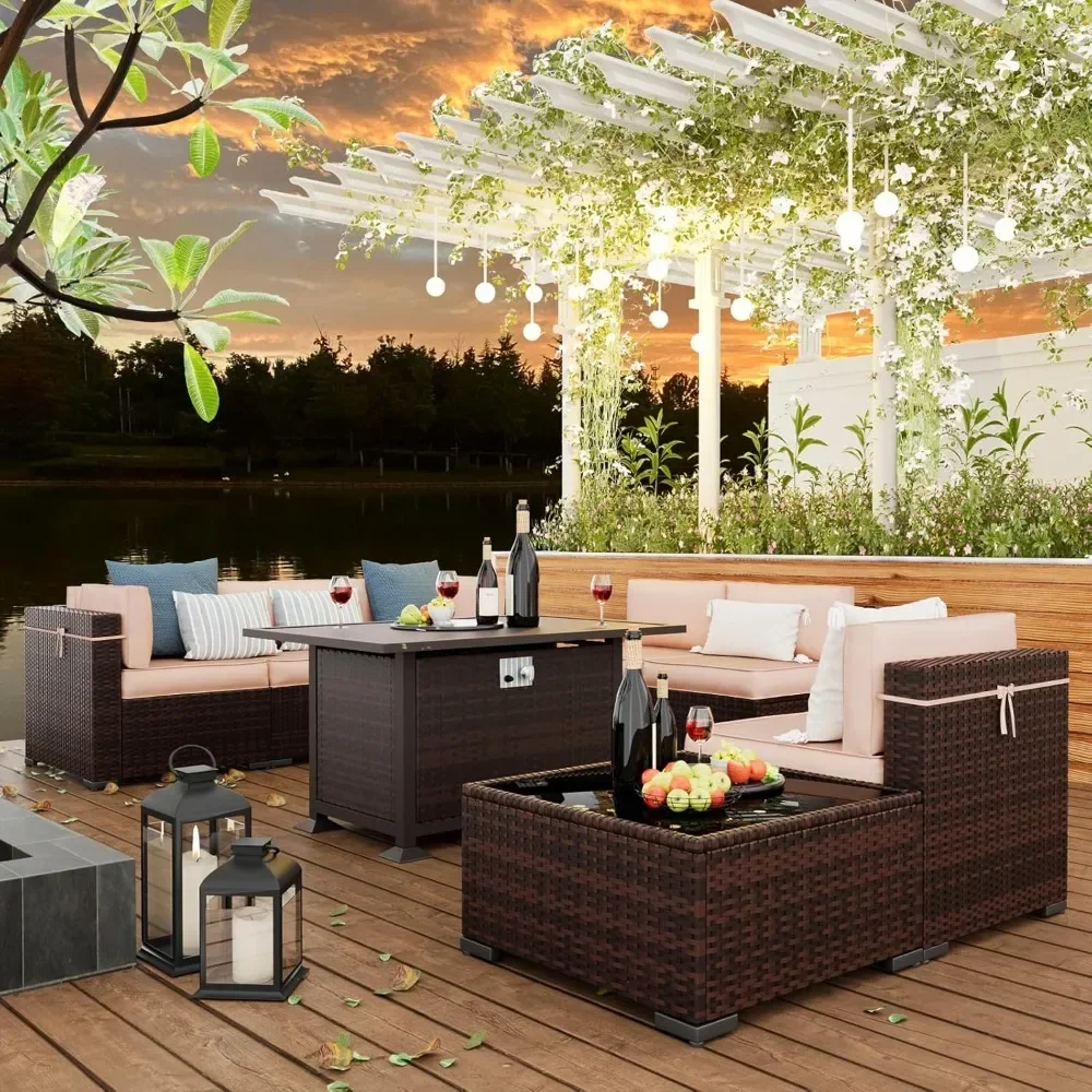 8 Pieces Patio Furniture Set Outdoor with Gas Fire Pit Table, PE Wicker Pit Conversation Set