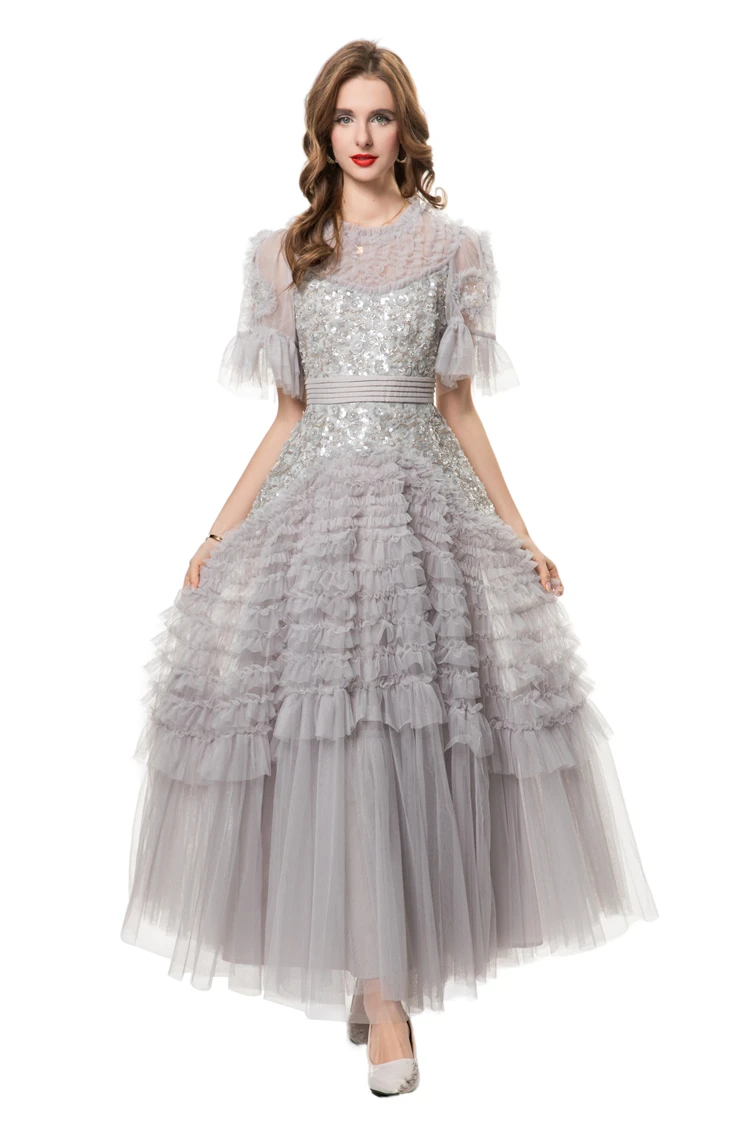 ชุดสตรี O คอสั้นแขน Appliques Tiered Ruffles Layered Elegant แฟชั่น Party ชุดราตรี Vestidos