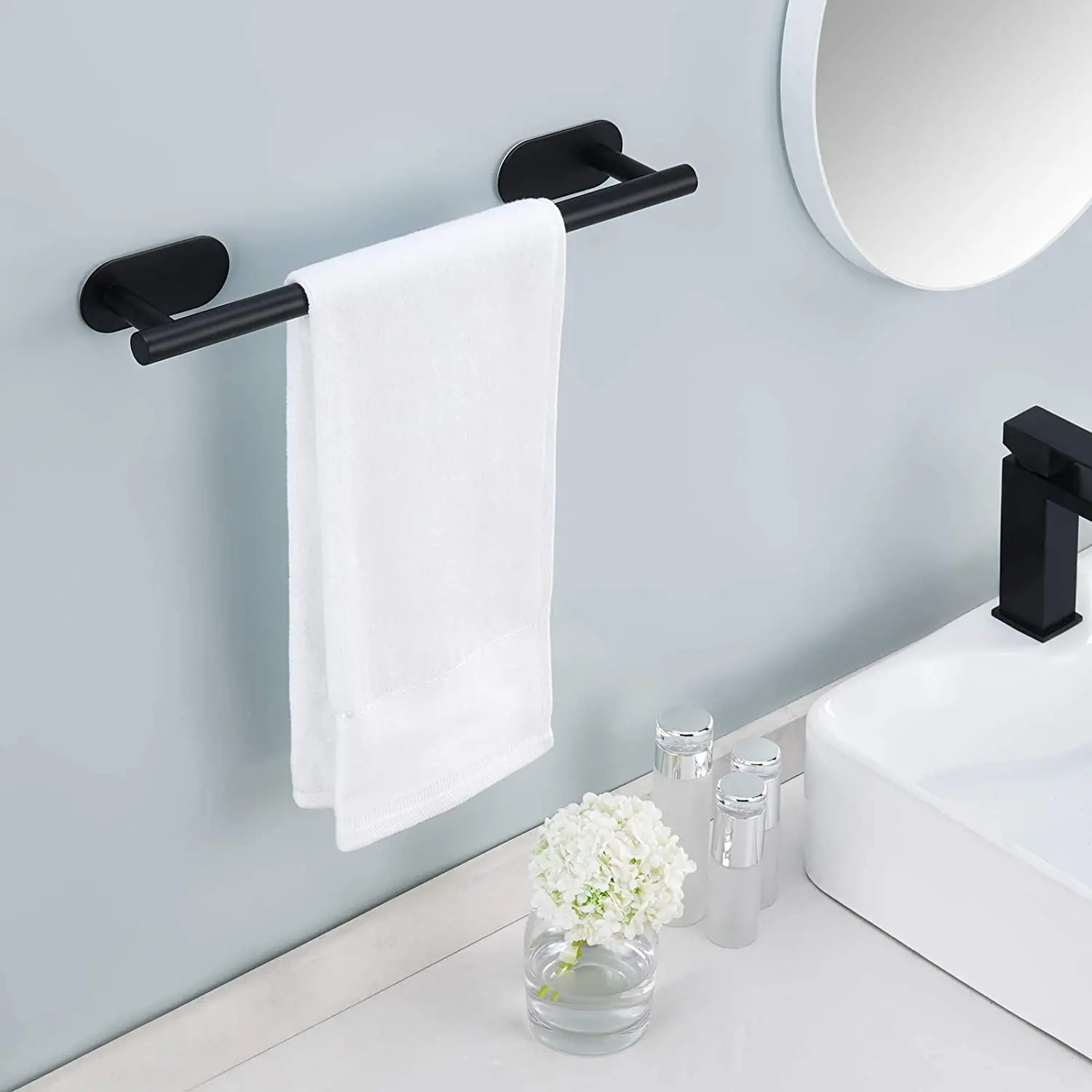 Self Adhesive Towel Bar Black Stick On Bath Towel Rack No Drill Stainless Steel Towel Holder Bathroom Accessories