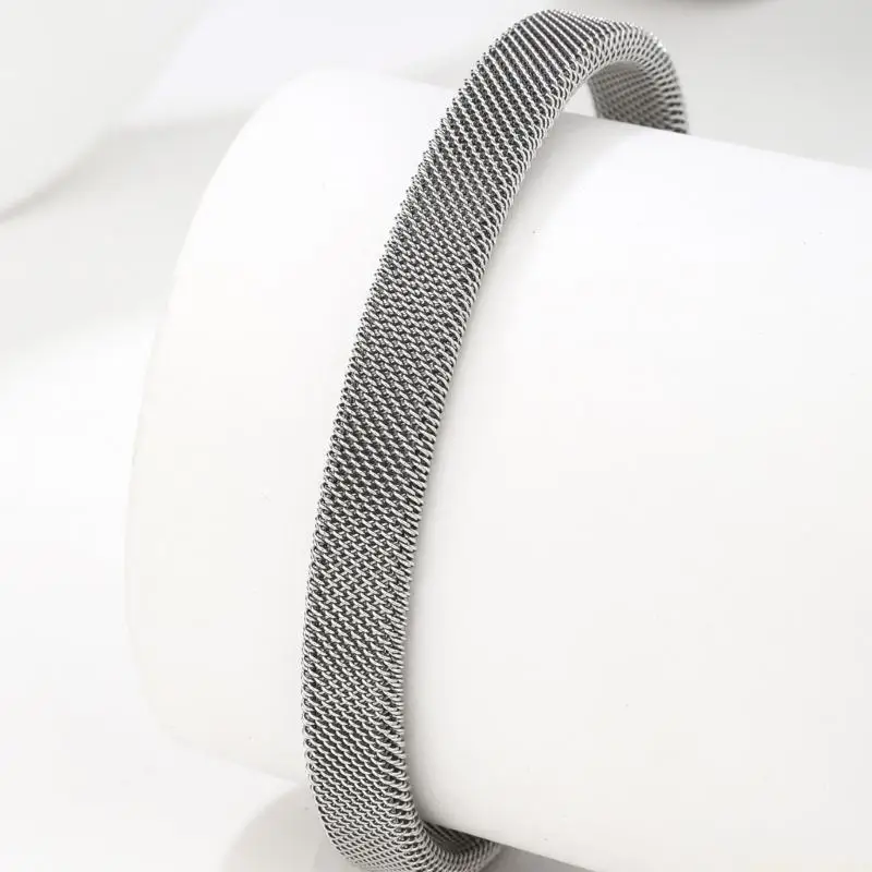 31BF Sturdy Stainless Steel Open Cuff Bracelet with Mesh Design Unisex C Shaped Bangle for Everyday Wear Casual Outfits