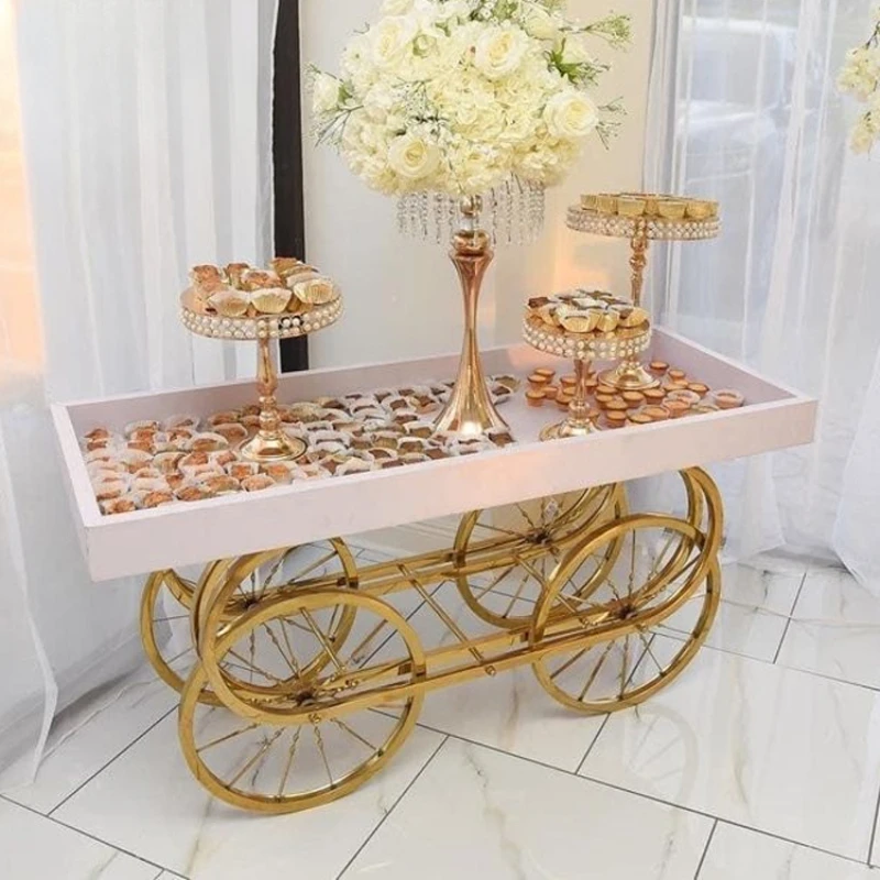 Wedding decoration stainless steel candy cart display stand on wheels