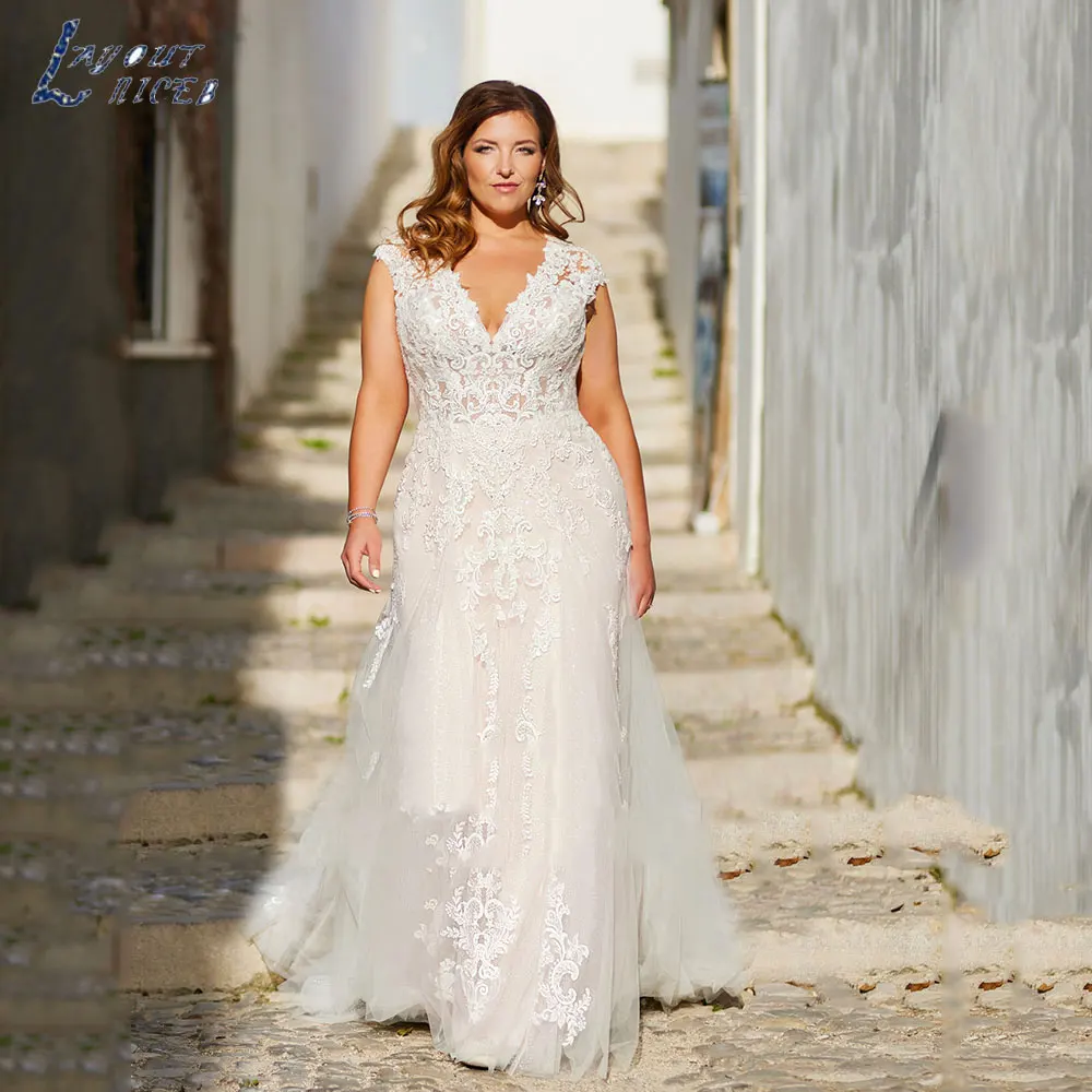 NICEB-vestido De novia De tul con diseño exquisito, talla grande, Apliques De encaje Simple, mangas casquillo, sirena, 2024Diseño niceb exquisito vestido de novia de TUL de mayor tamaño 2024 simple calcomanía de encaje