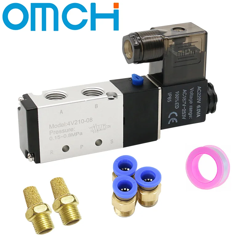 4V210-08 Pneumatic Electric Solenoid Valve 5 Way 2 Position Control Air Gas Magnetic 12V 24V 110V 220V Coil Volt