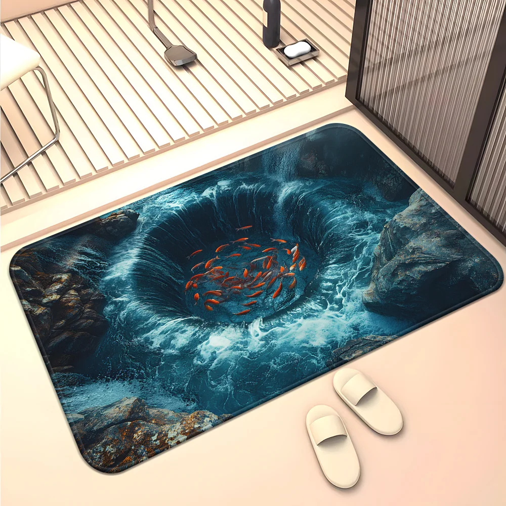 1pc 3D Pond Pattern HD Printed Non-Slip Door Mat, Absorbent Machine Washable Polyester Mat for Bathroom, Bedroom, Living Room, E