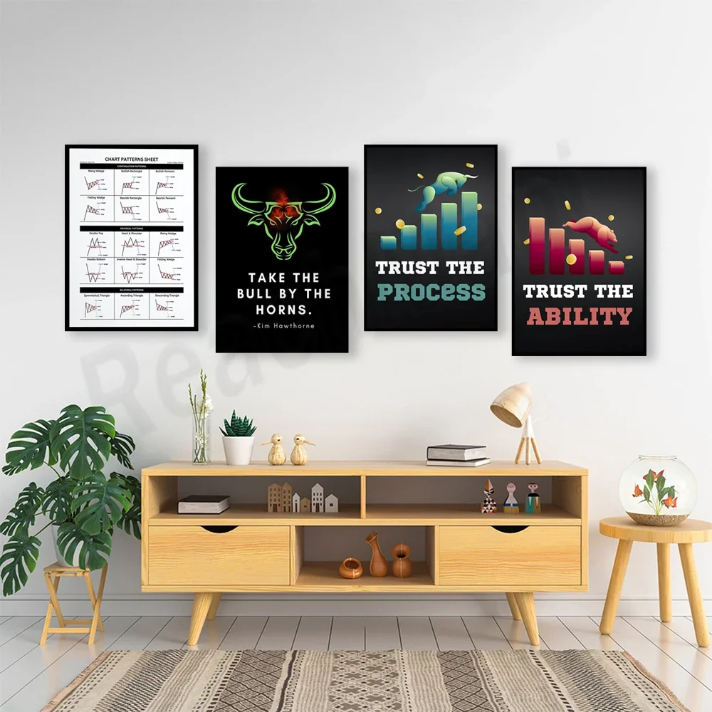 Bull and bear art stock market trading poster, stock market chart patterns, technical analysis, forex, stock market patterns