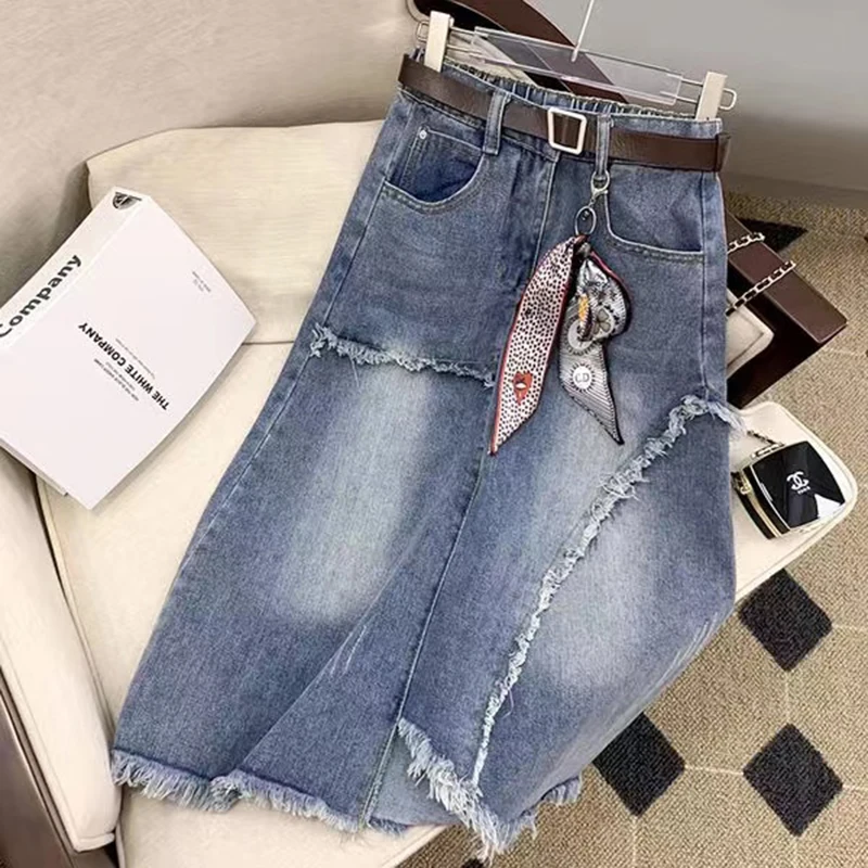 2024 New High waisted Denim Skirt 5XL Women Slim Vintage Tassel Jeans A-line Skirts Casual Women\'s Long Skirt Street Clothing