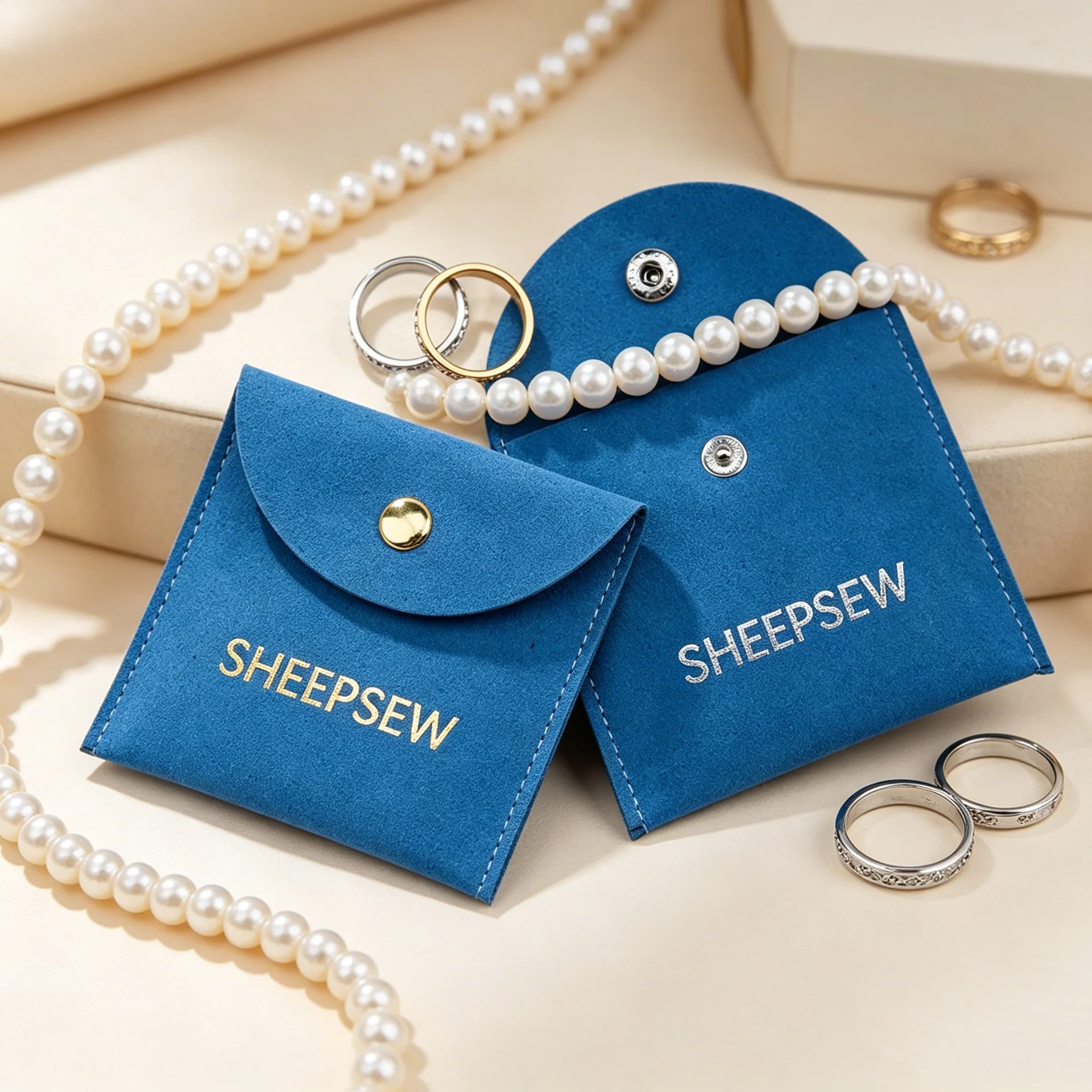 

50Pcs/Lot Custom Logo Printed Microfiber Necklace Bracelet Storage Jewelry Bag Luxury Snap Button Pink Microfiber Envelope Pouch