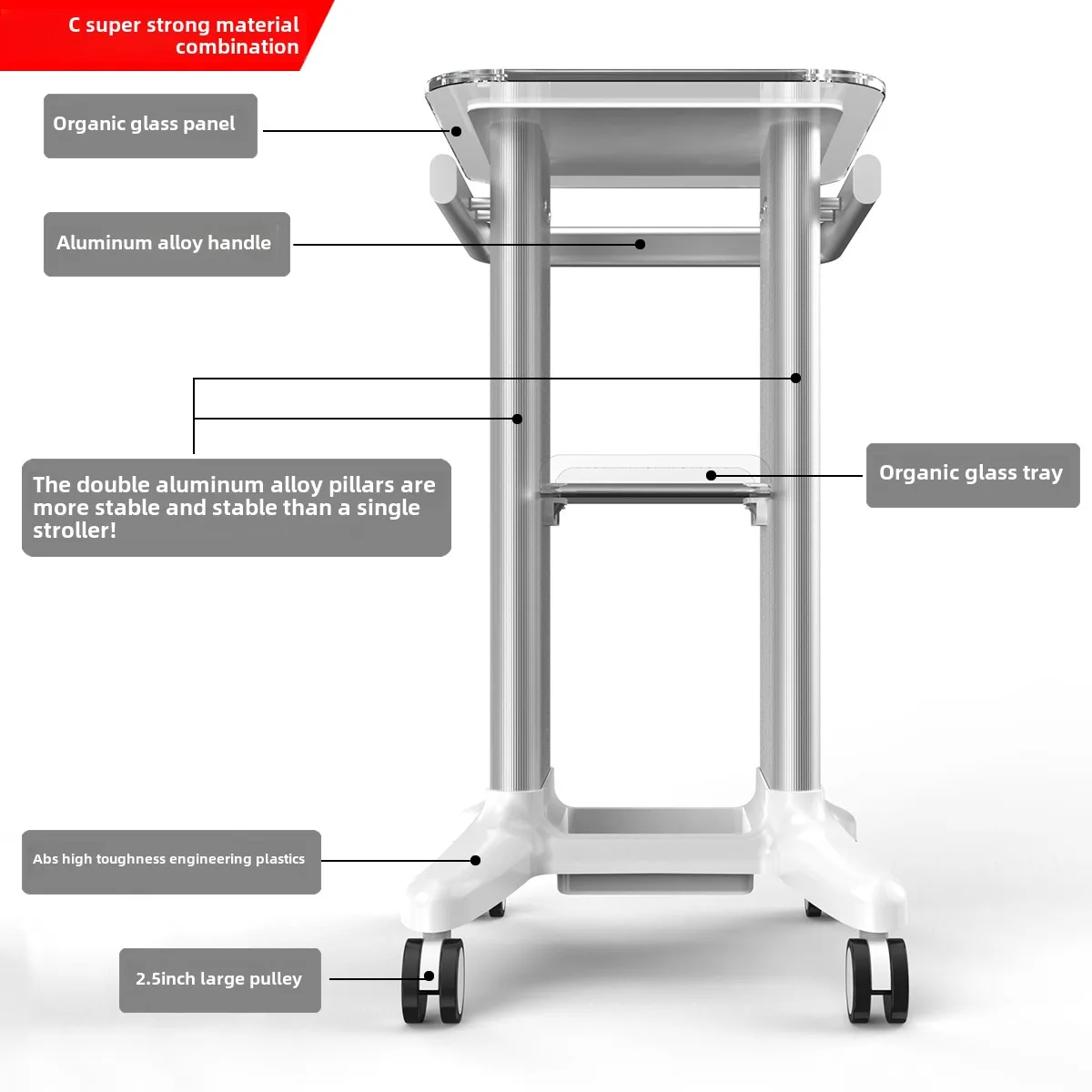 CZ cart acrylic, small bubble shelf base clinic cart enlarged