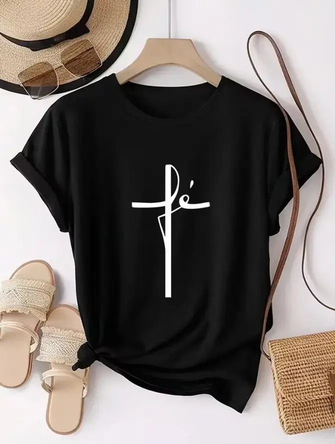 Women Faith Cross Graphic T Shirt Minimalist Faith Letter Cross Print Round Neck Short Sleeve Casual Tee Christian Church Faith Gift Top