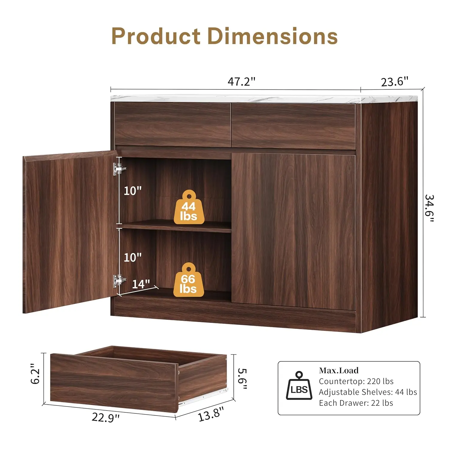 Kitchen Island with Storage, 47.2" Large Faux Marble Countertop Kitchen Island with 2 Drawers and Adjustable, Customized view 2